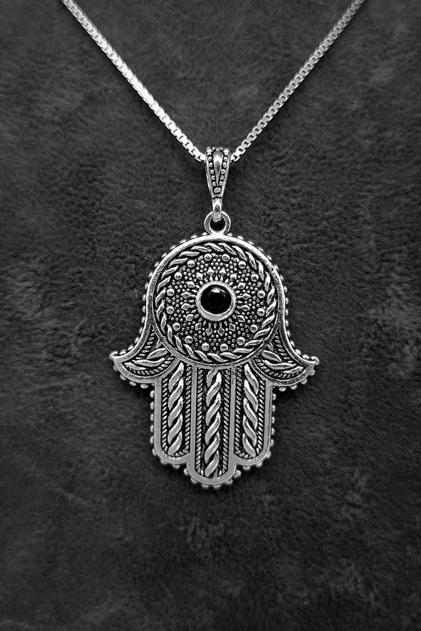 Silberhalskette Hand der Fatima Onyx