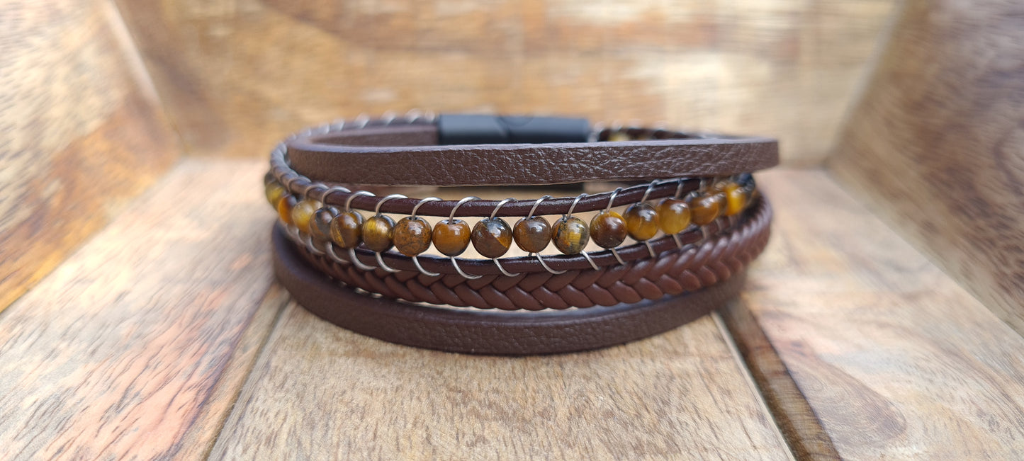 Lederarmband braun Tigerauge geflochten