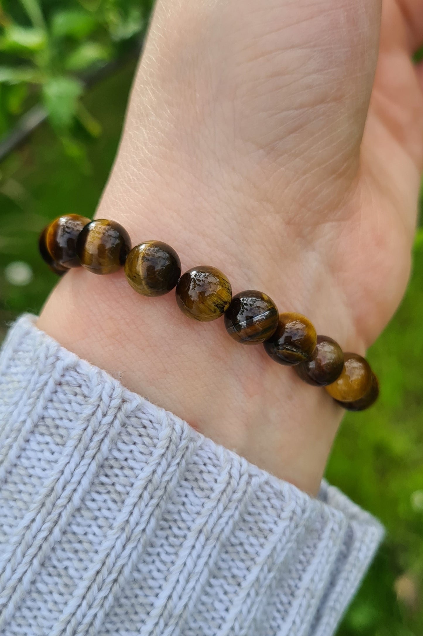 Nahle® 8mm Naturstein-Armband Tigerauge 10mm Türkis Triquetra 925 Silber