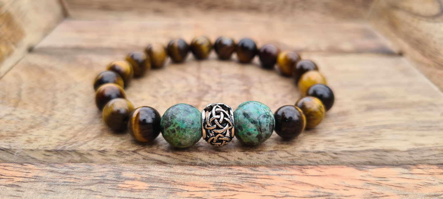 Nahle® 8mm Naturstein-Armband Tigerauge 10mm Türkis Triquetra 925 Silber