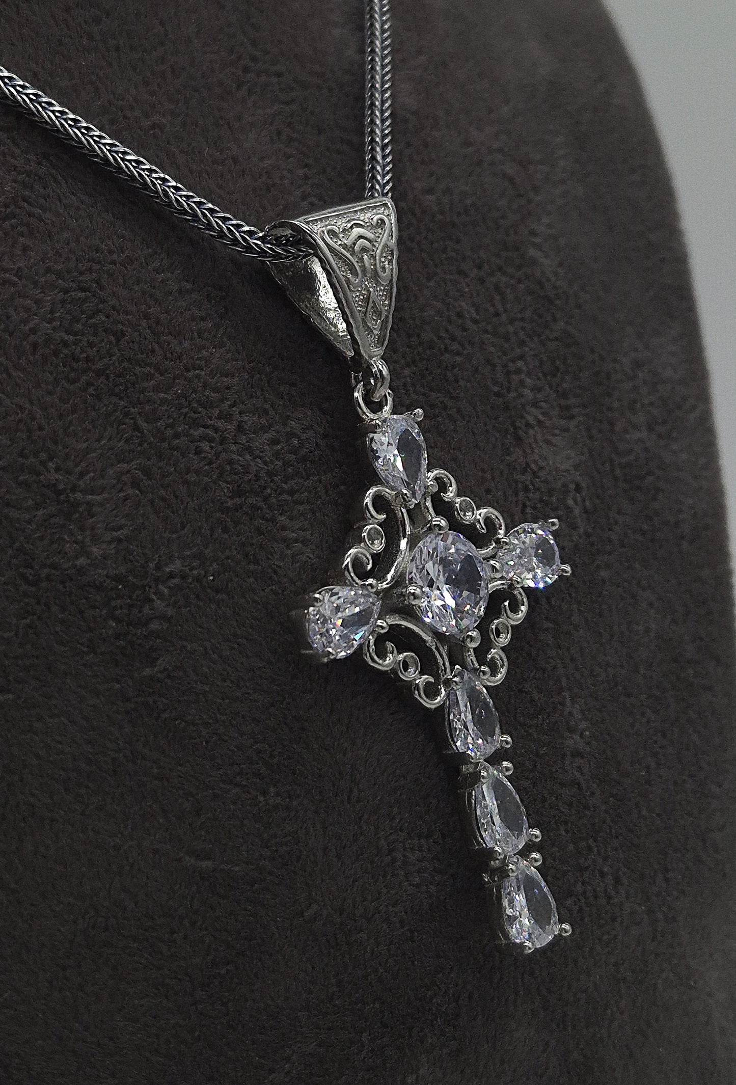 Silber Fuchsschwanzkette 925 Kristall Kreuz Anhänger