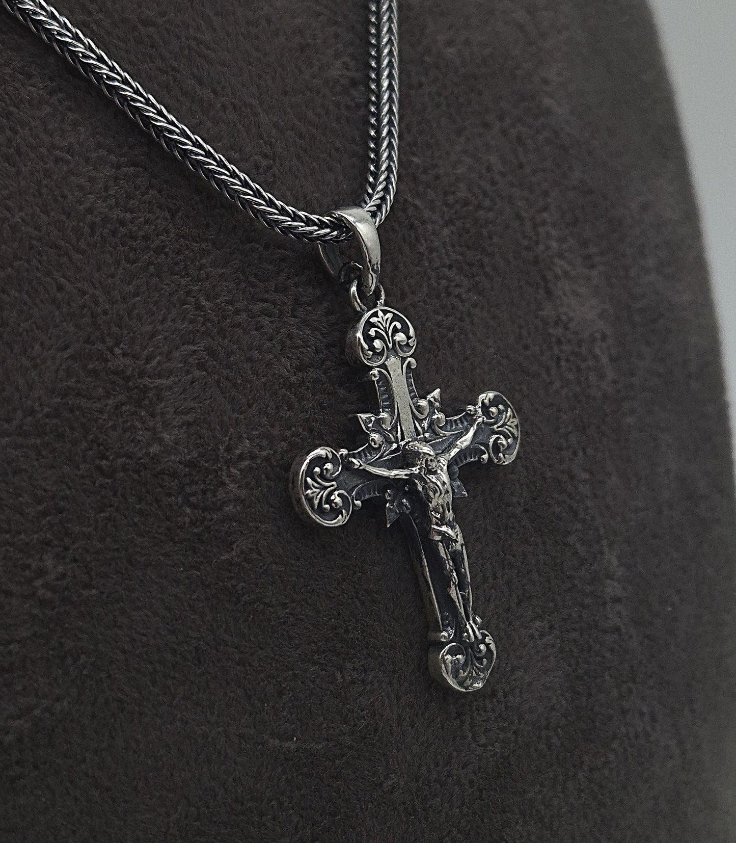Silber Fuchsschwanzkette 925 Jesus Kreuz Anhänger