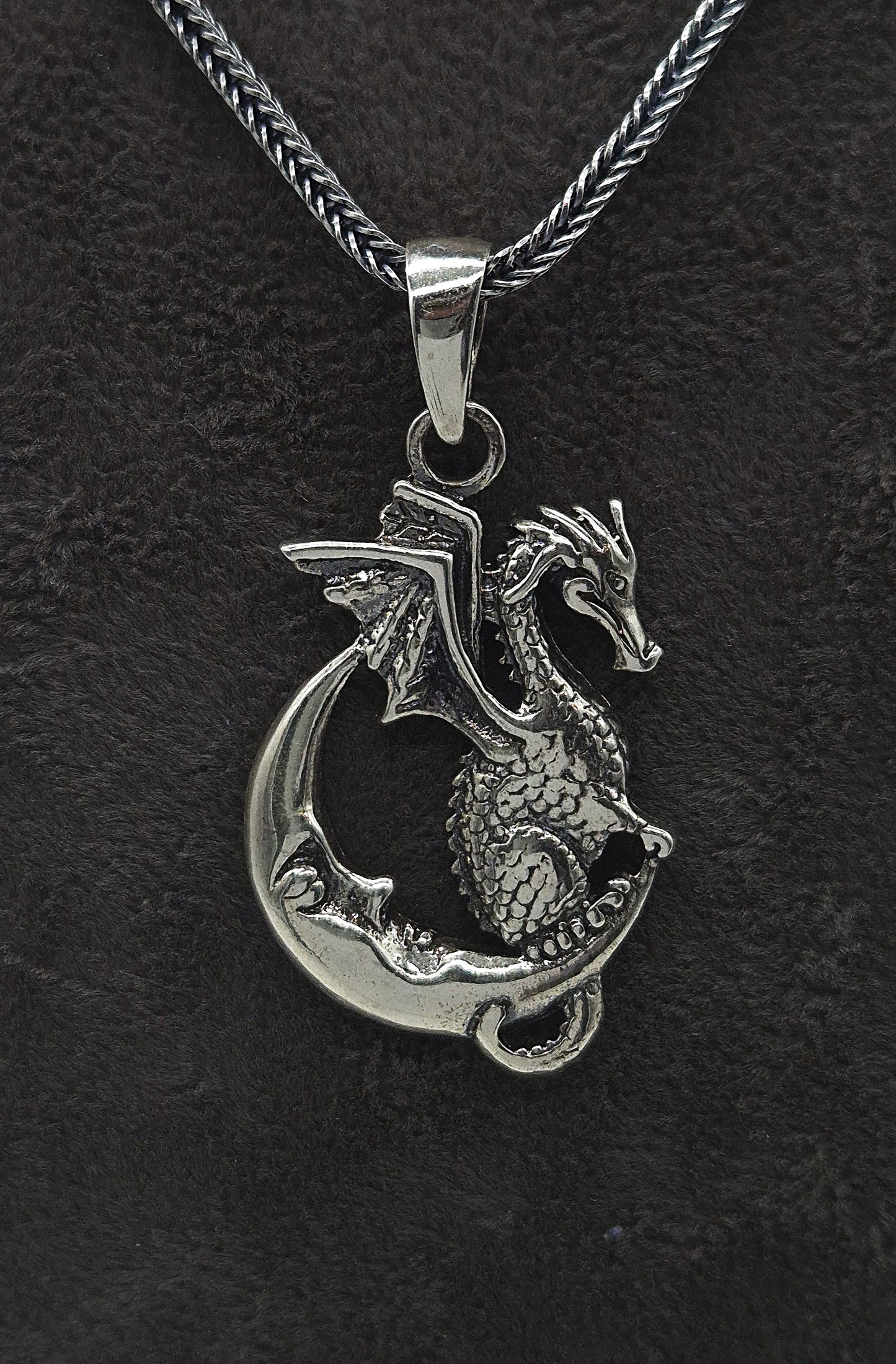 Silber Fuchsschwanzkette 925 Drache auf Mond Anhänger