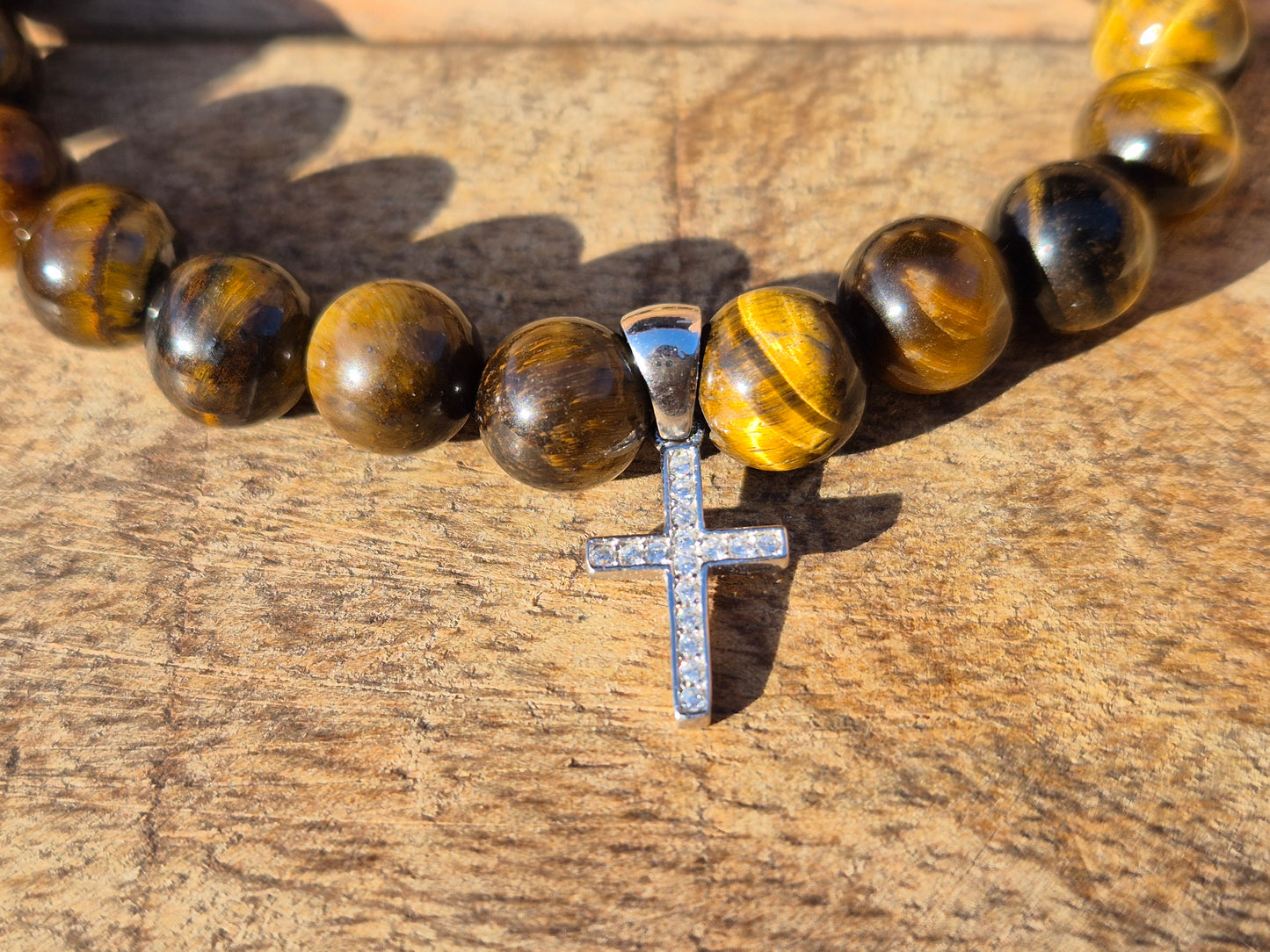 Nahle® 8mm Naturstein-Armband Tigerauge 925 Silber Kreuz