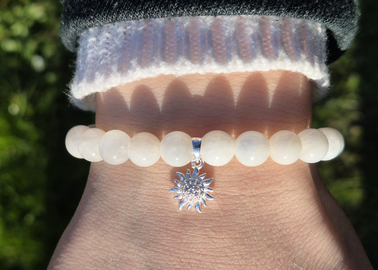 Nahle® 8mm Naturstein-Armband Mondstein 925 Silber Sonne
