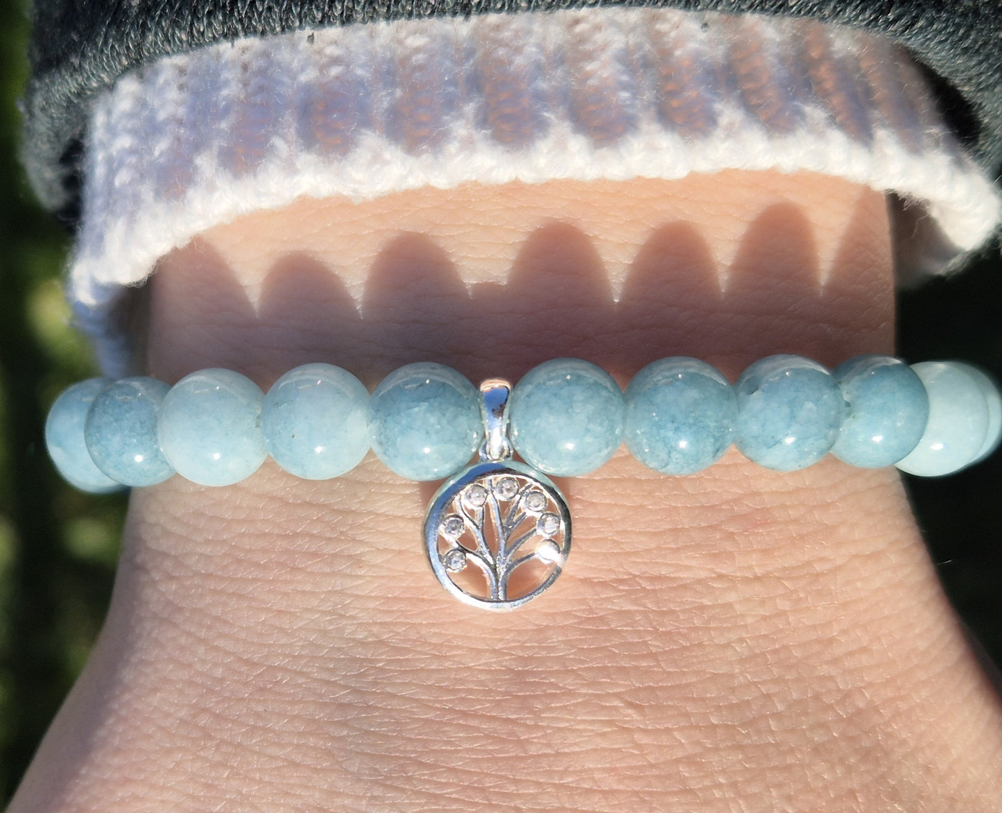 Nahle® 8mm Naturstein-Armband Aquamarin 925 Silber Lebensbaum