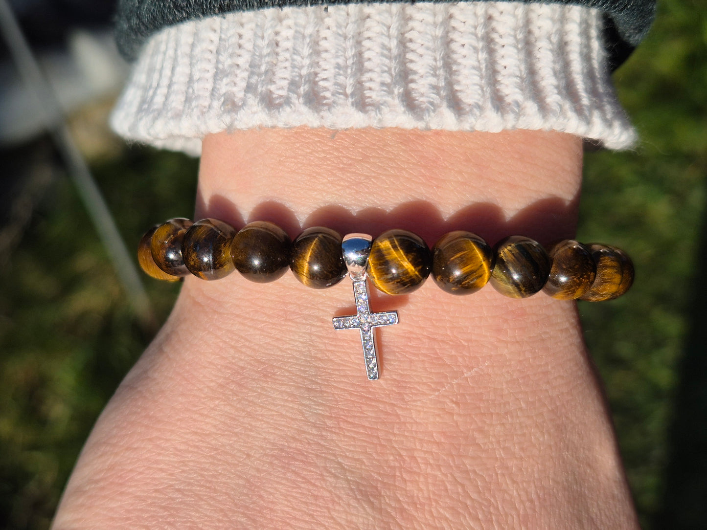 Nahle® 8mm Naturstein-Armband Tigerauge 925 Silber Kreuz