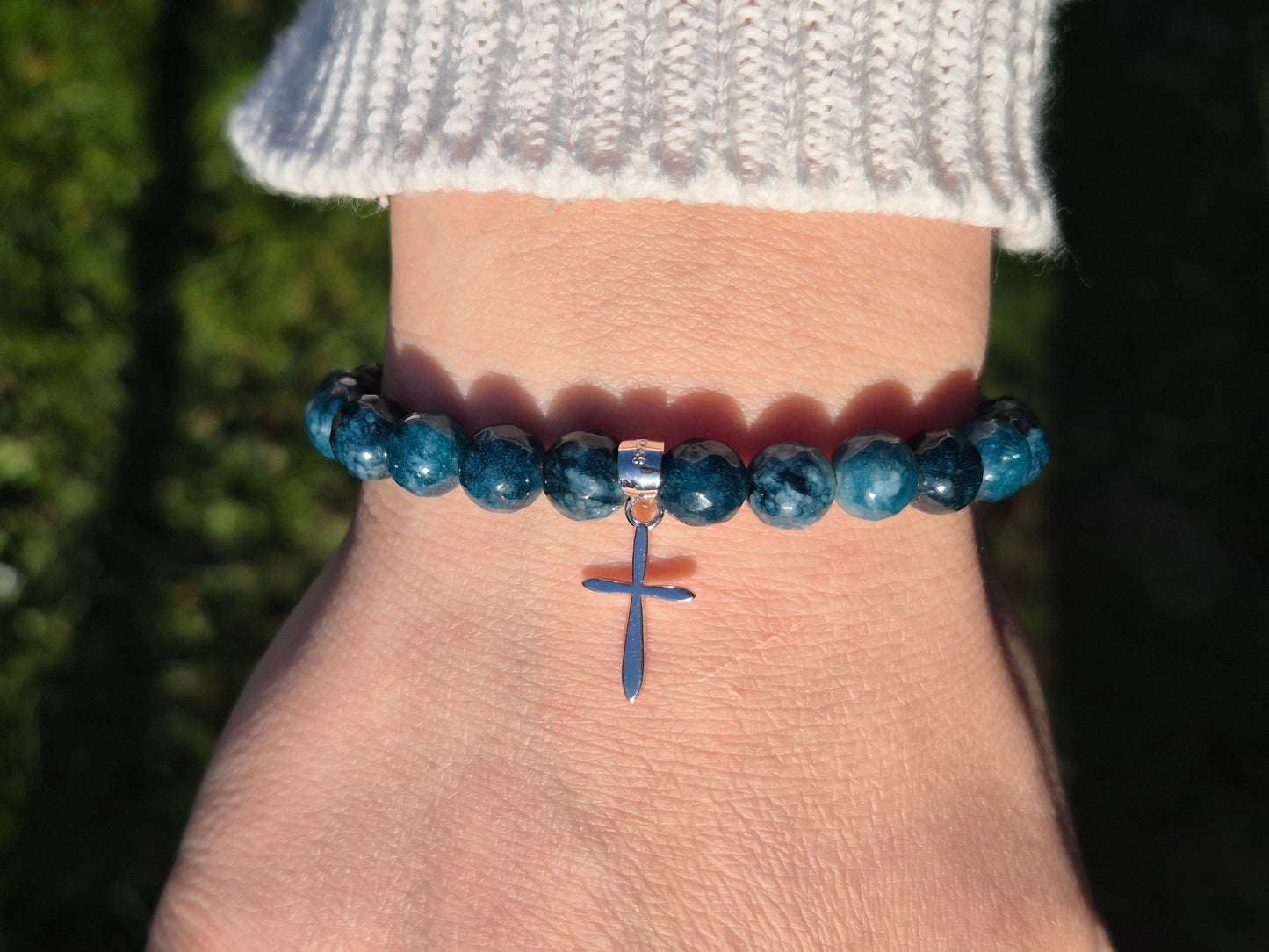 Nahle® 8mm Naturstein-Armband Achat 925 Silber Kreuz
