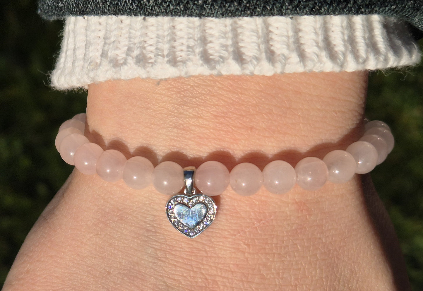 Nahle® 6mm Naturstein-Armband Rosenquarz 925 Silber Herz