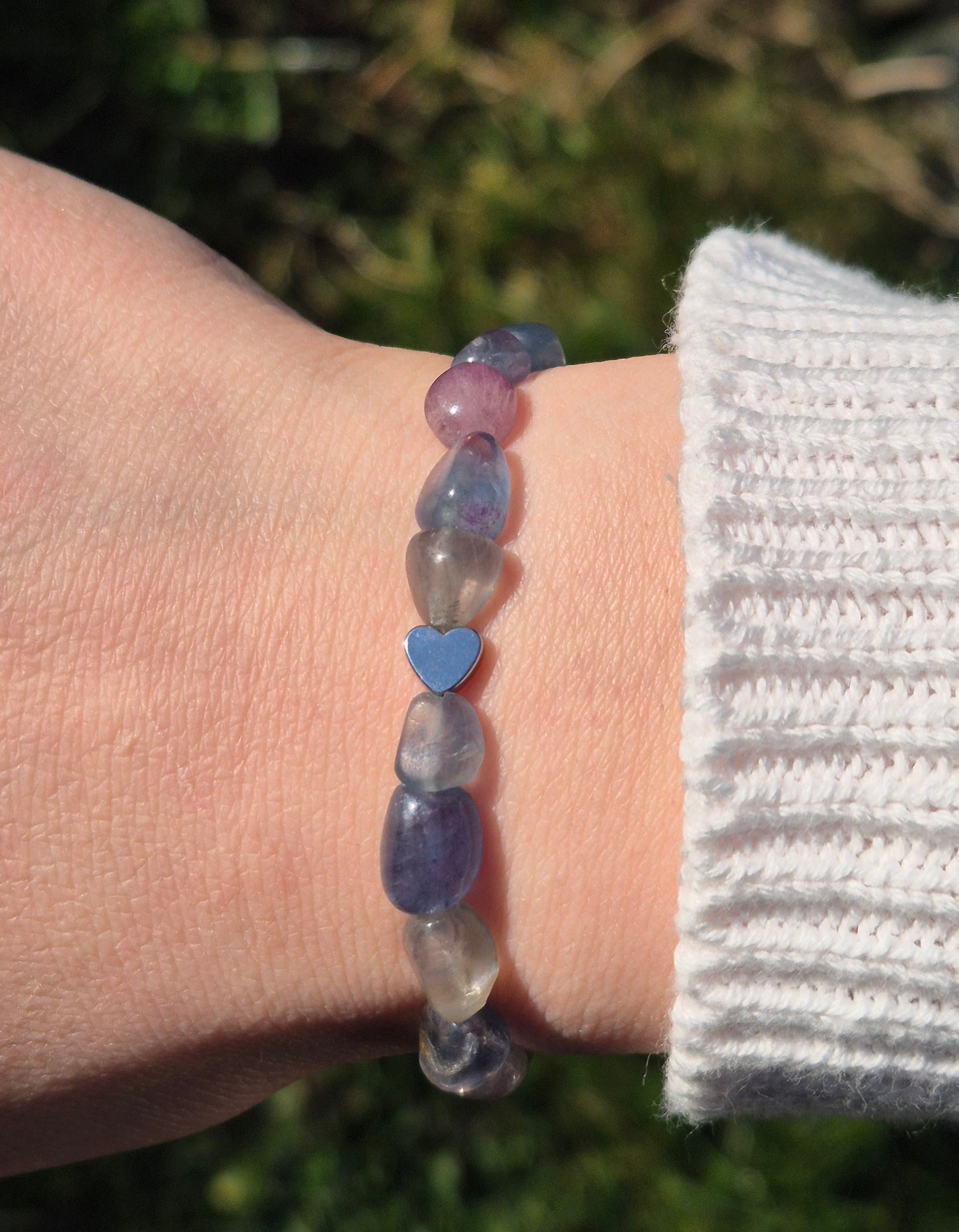 Nahle® 6mm Naturstein-Armband Fluorit Edelstahl Herz