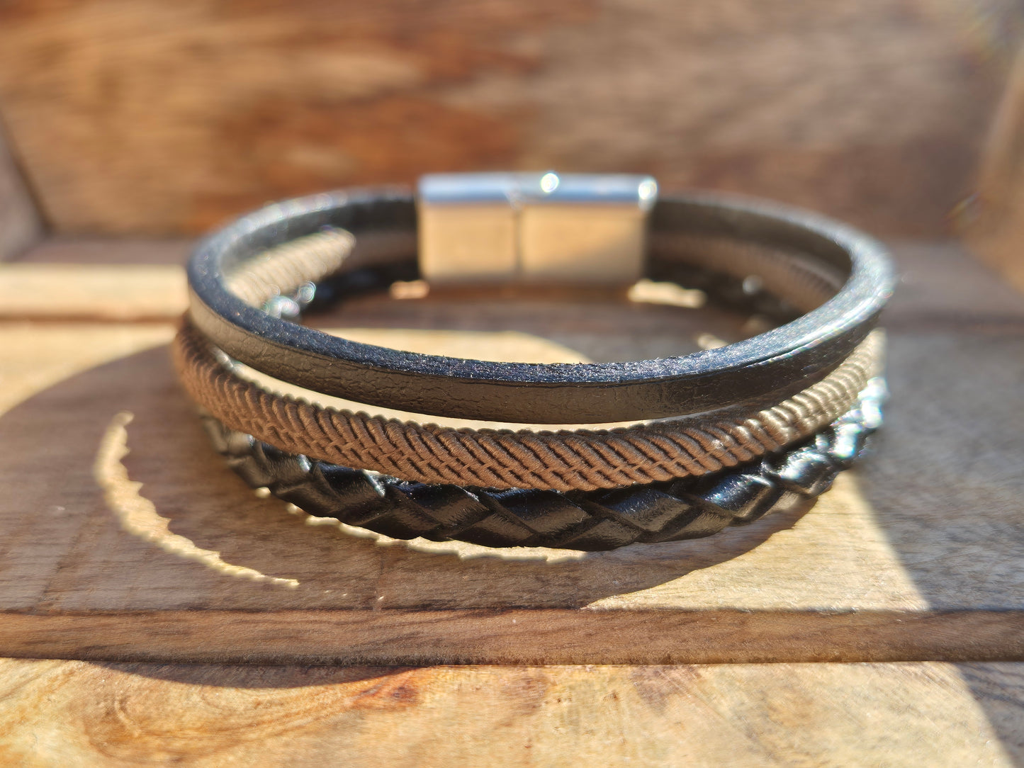 Lederarmband Schwarz Stoffkordel