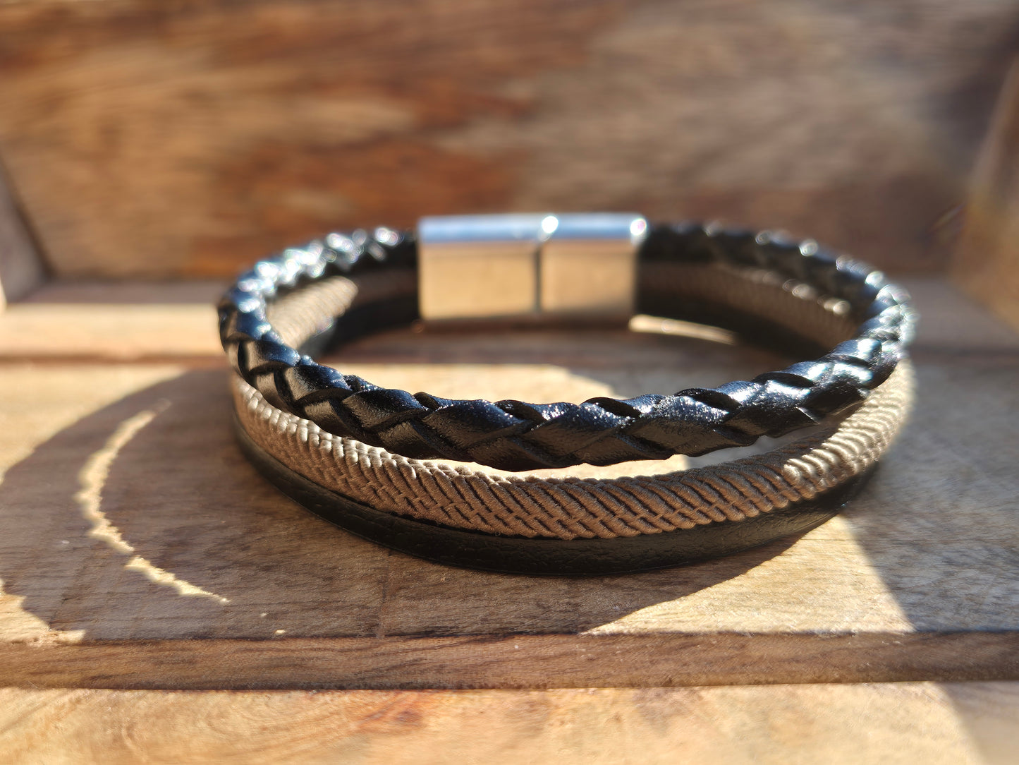 Lederarmband Schwarz Stoffkordel