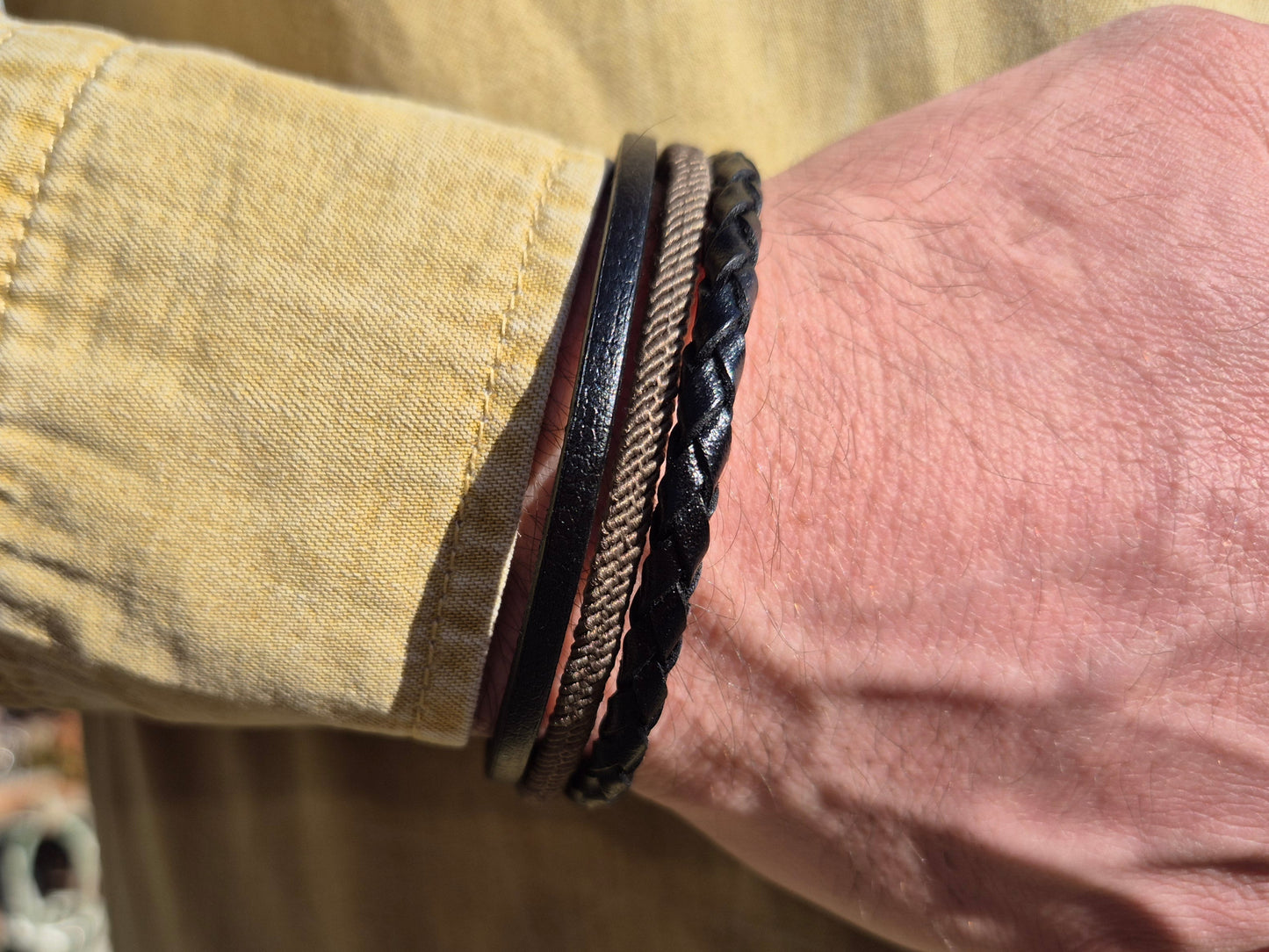 Lederarmband Schwarz Stoffkordel