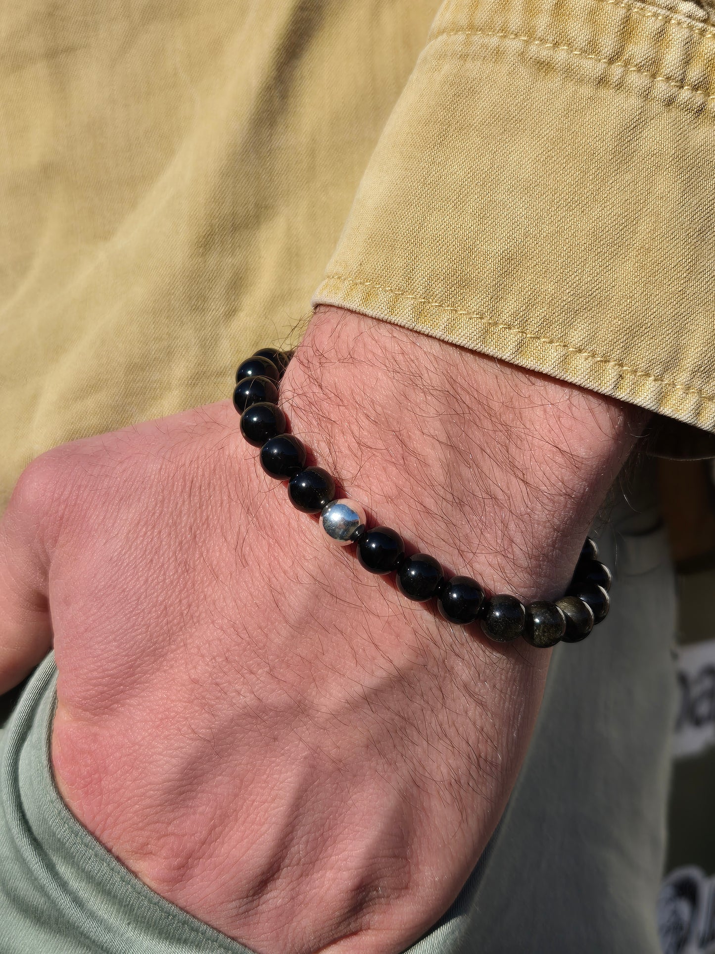 Nahle® 8mm Naturstein-Armband Goldener Obsidian mit 925 Silberperle
