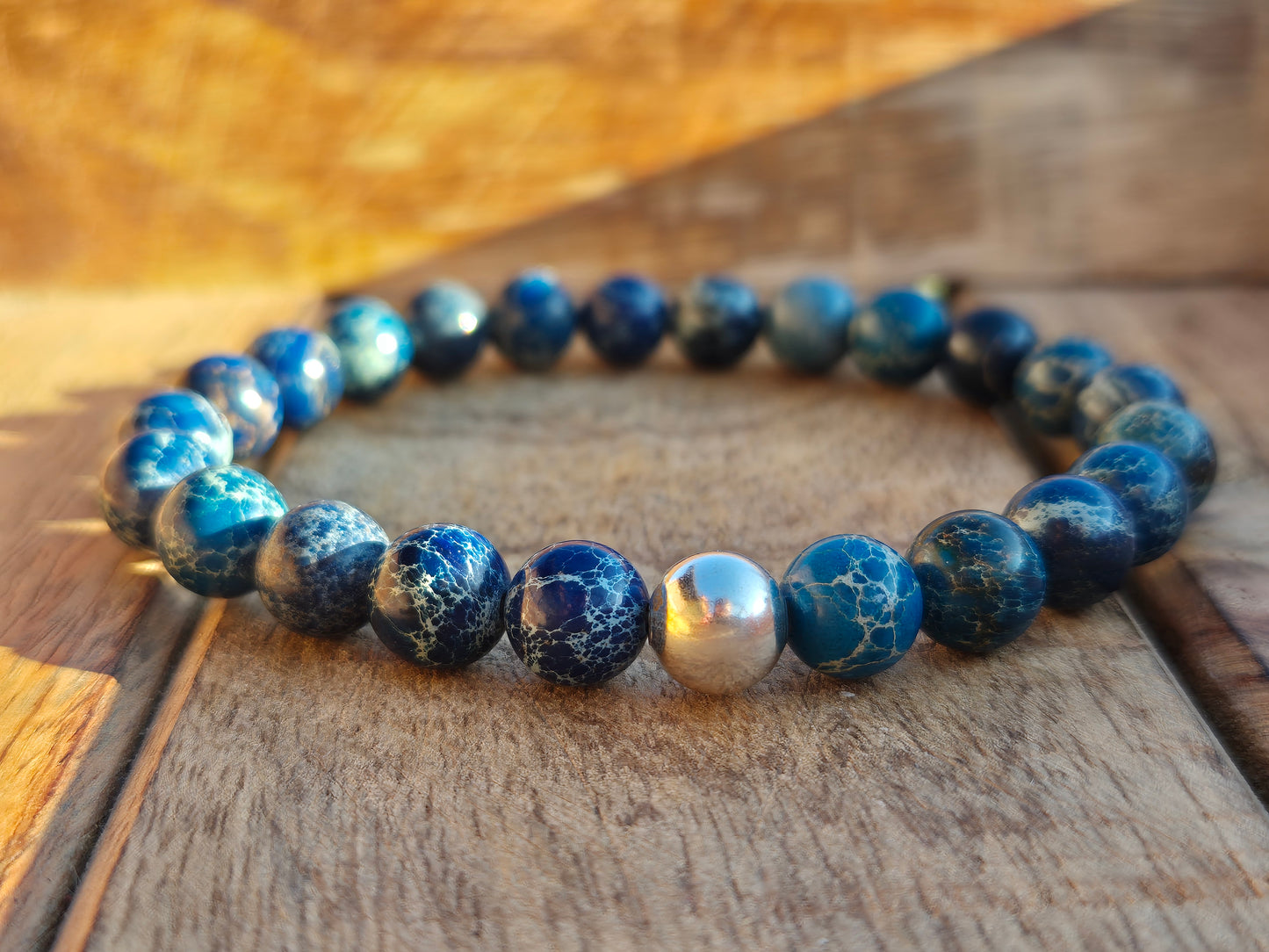 Nahle® 8mm Naturstein-Armband Blauer Variscit mit 925 Silberperle