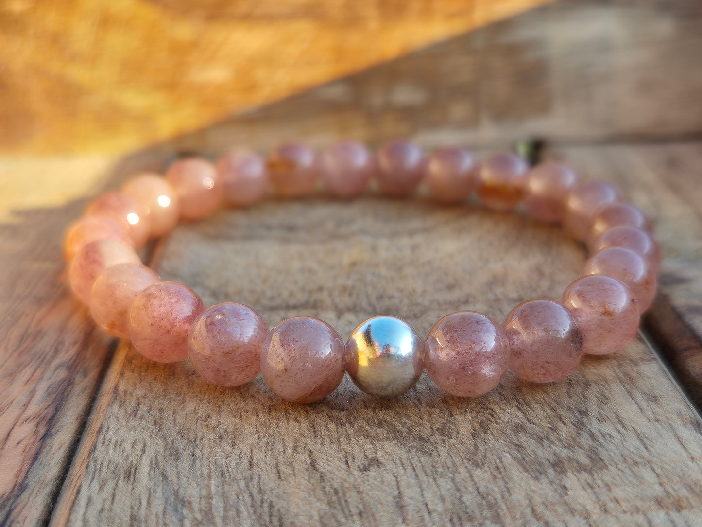 Nahle® 8mm Naturstein-Armband Erdbeerquarz mit 925 Silberperle