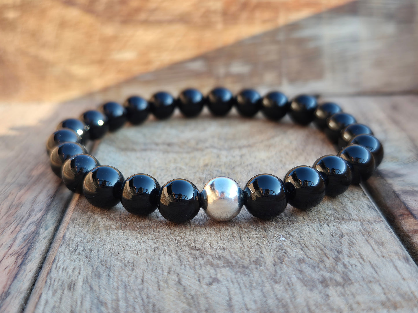 Nahle® 8mm Naturstein-Armband Glänzender Onyx mit 925 Silberperle