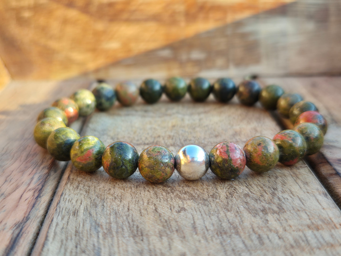 Nahle® 8mm Naturstein-Armband Unakit mit 925 Silberperle