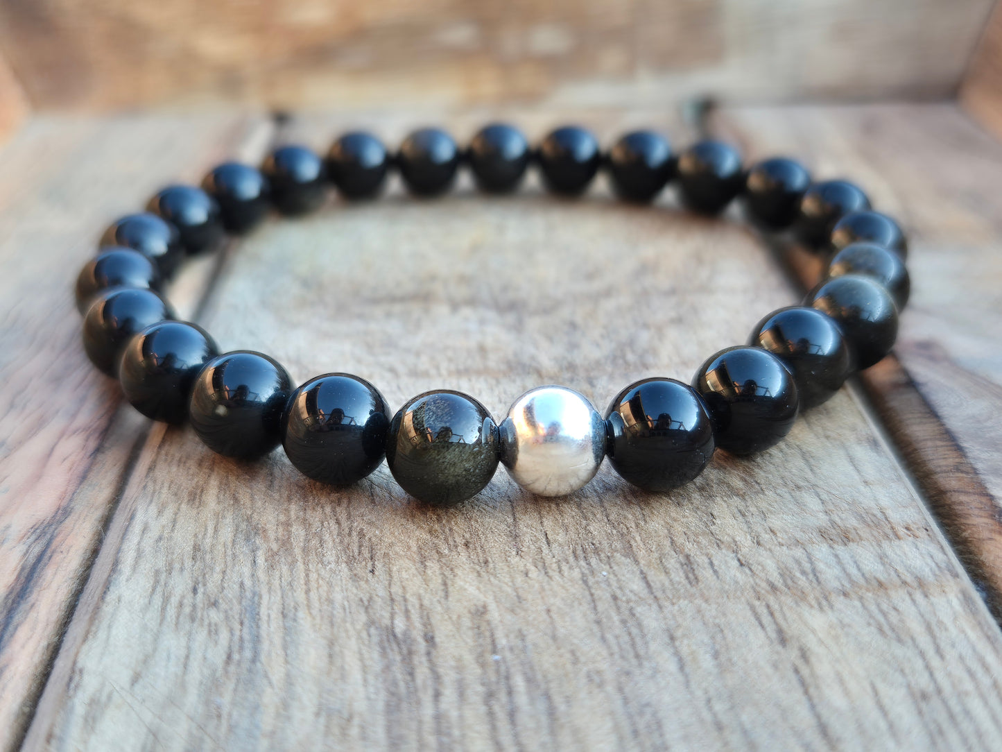 Nahle® 8mm Naturstein-Armband Goldener Obsidian mit 925 Silberperle