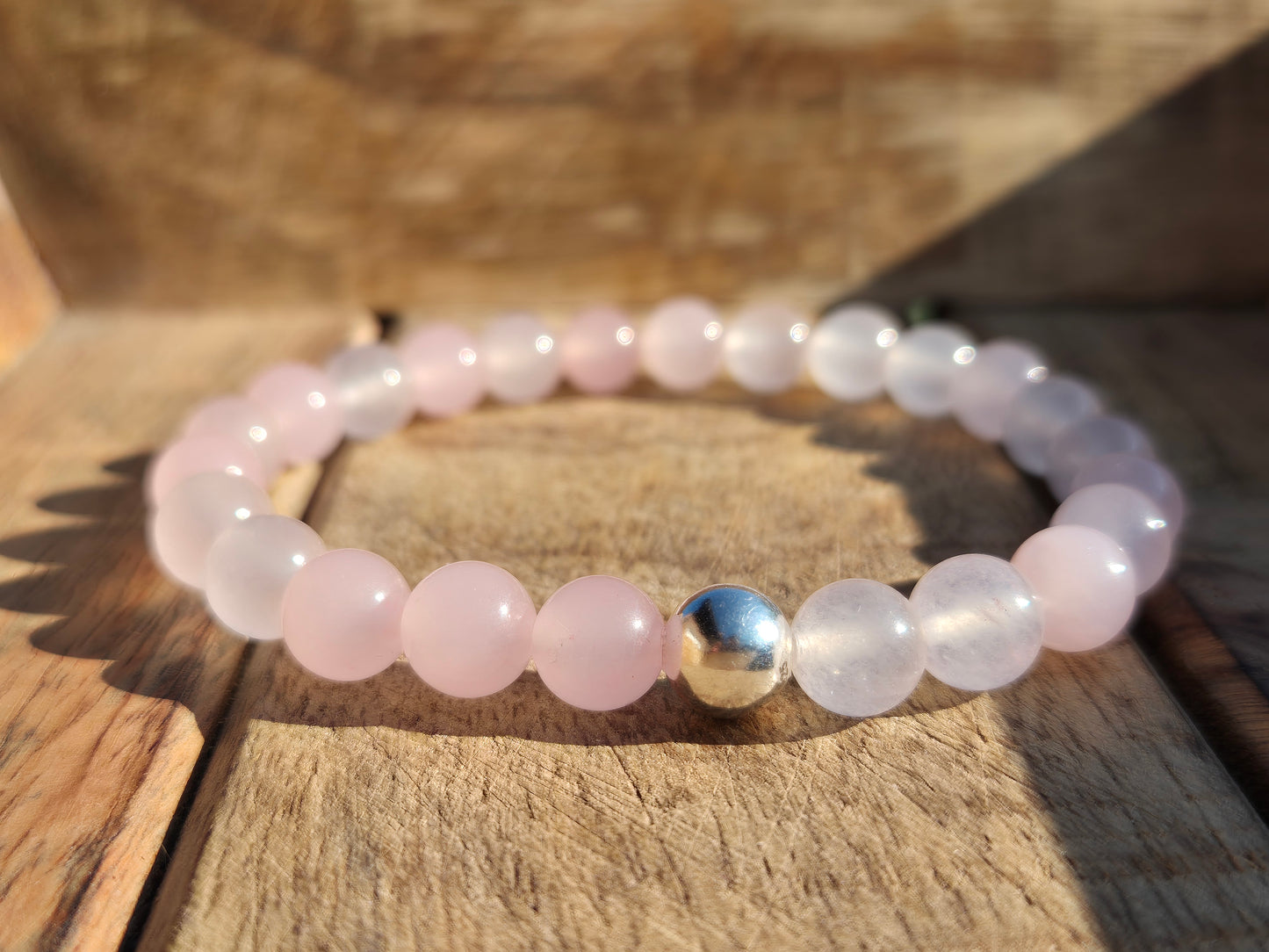Nahle® 8mm Naturstein-Armband Rosenquarz mit 925 Silberperle