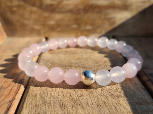 Nahle® 8mm Naturstein-Armband Rosenquarz mit 925 Silberperle
