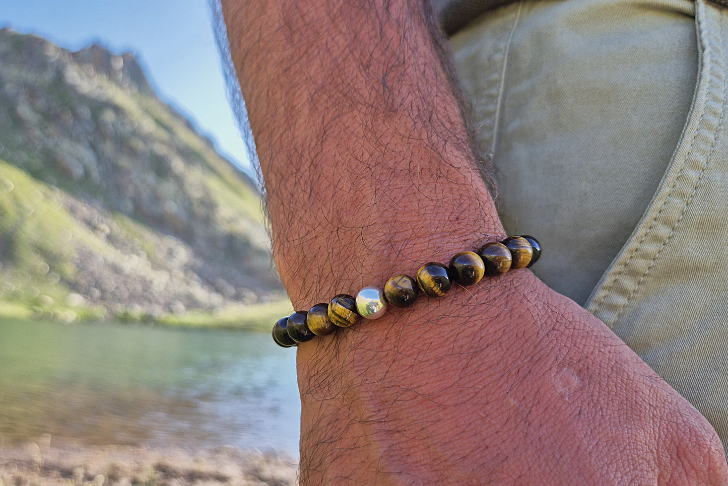 Nahle® 8mm Naturstein-Armband Tigerauge mit 925 Silberperle