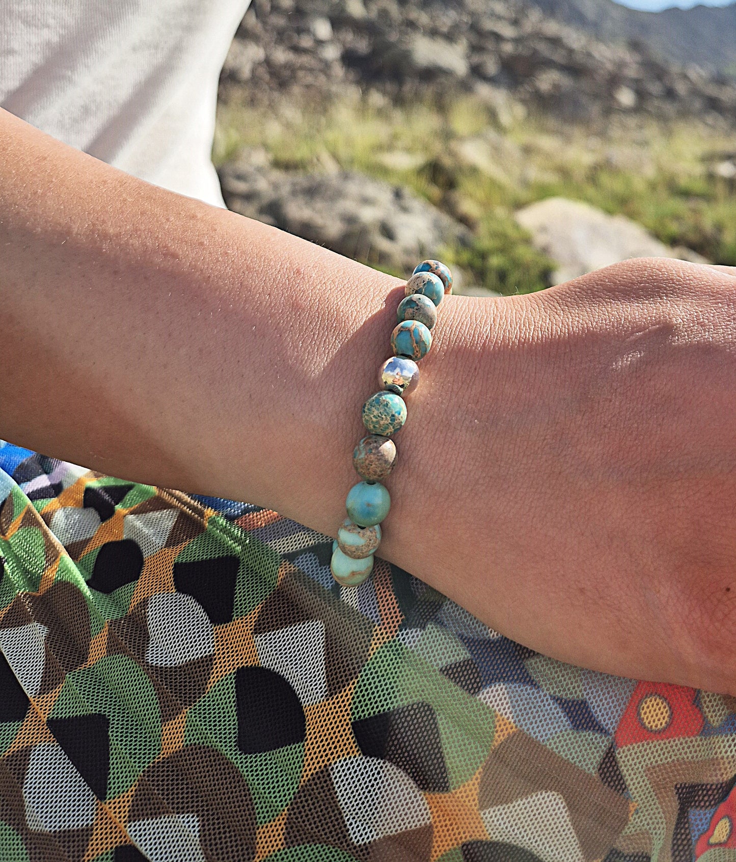 Nahle® 8mm Naturstein-Armband Beiger Variscit mit 925 Silberperle
