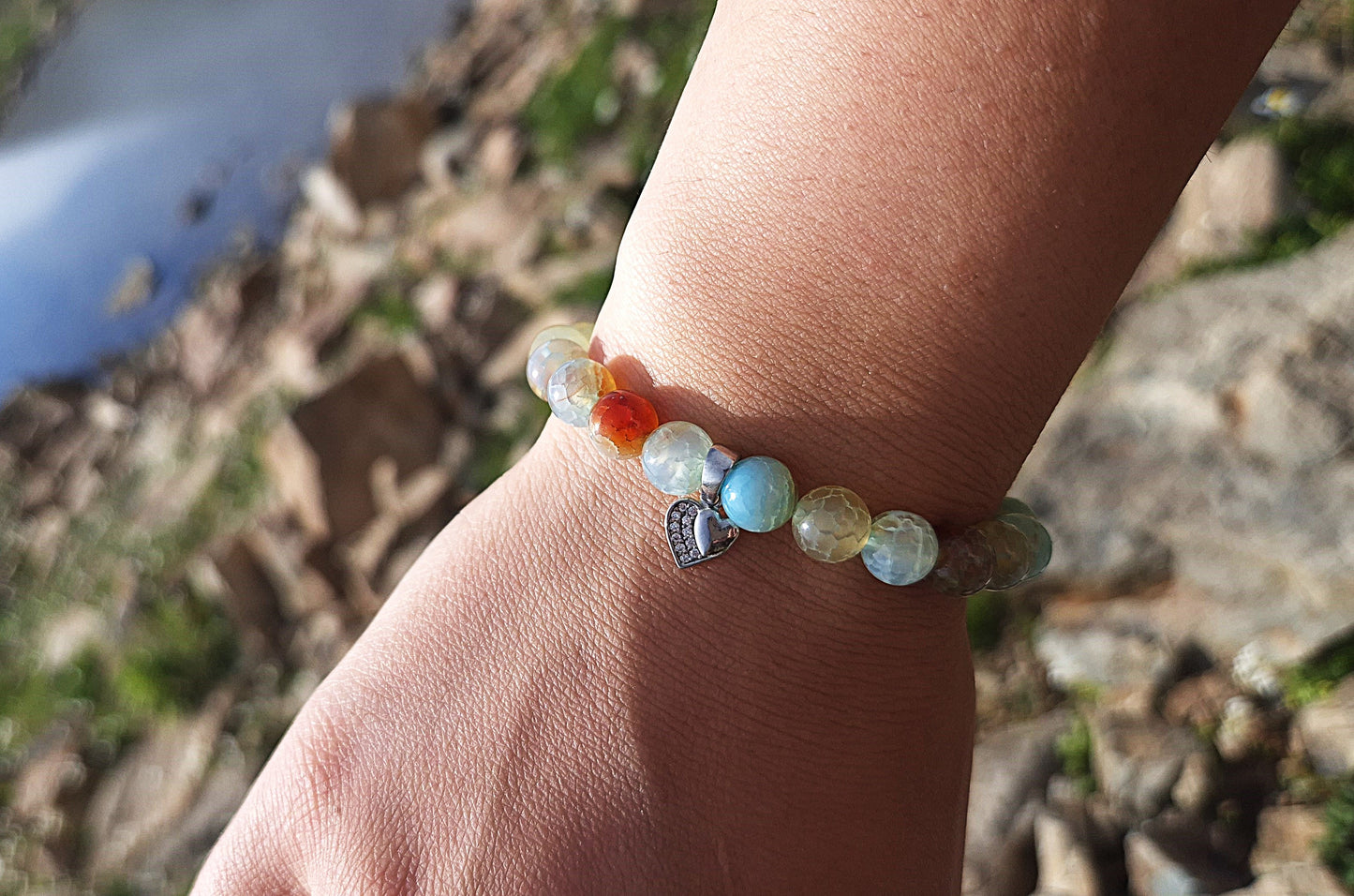 Nahle® 8mm Naturstein-Armband Achat 925 Silber Herz