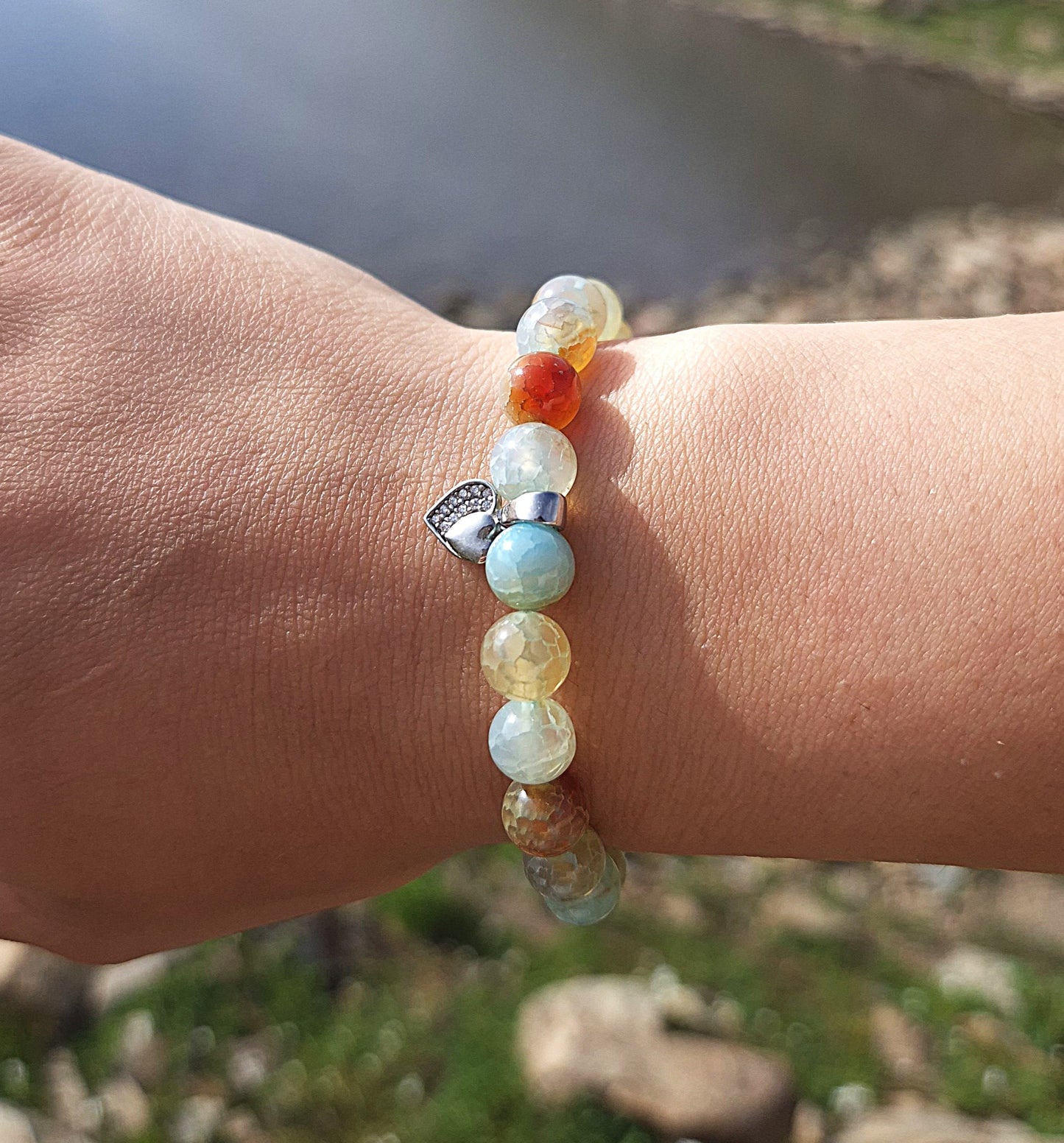Nahle® 8mm Naturstein-Armband Achat 925 Silber Herz