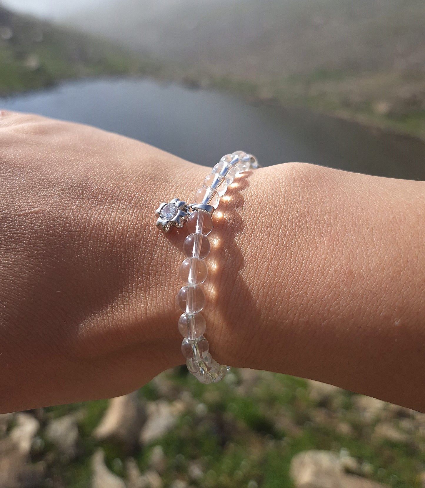 Nahle® 6mm Naturstein-Armband Bergkristall 925 Silber Blume