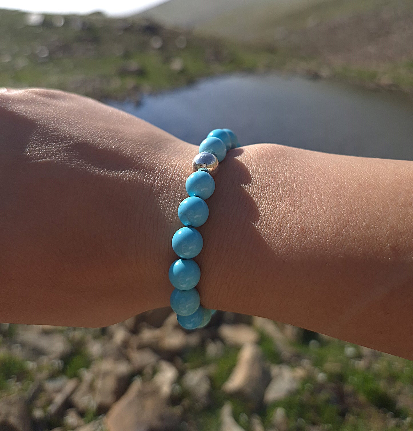 Nahle® 8mm Naturstein-Armband Türkis mit 925 Silberperle