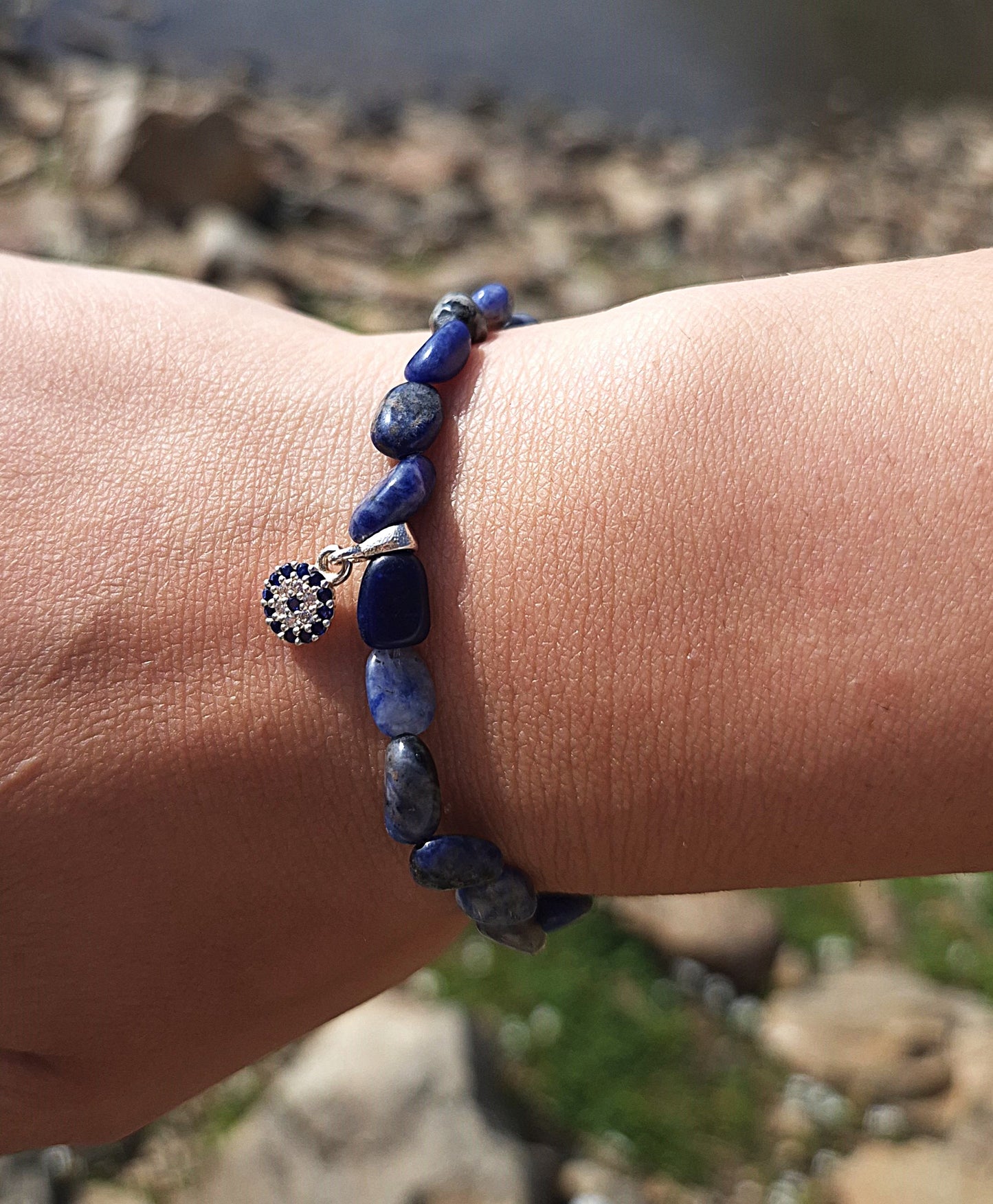 Nahle® 6mm Naturstein-Armband Sodalith 925 Silber Nazar Auge