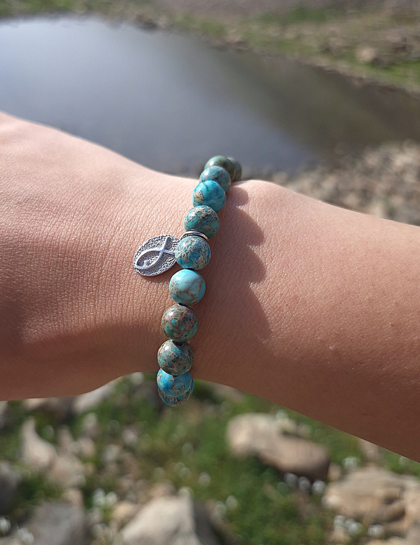 Nahle® 8mm Naturstein-Armband Variscit 925 Silber Fisch