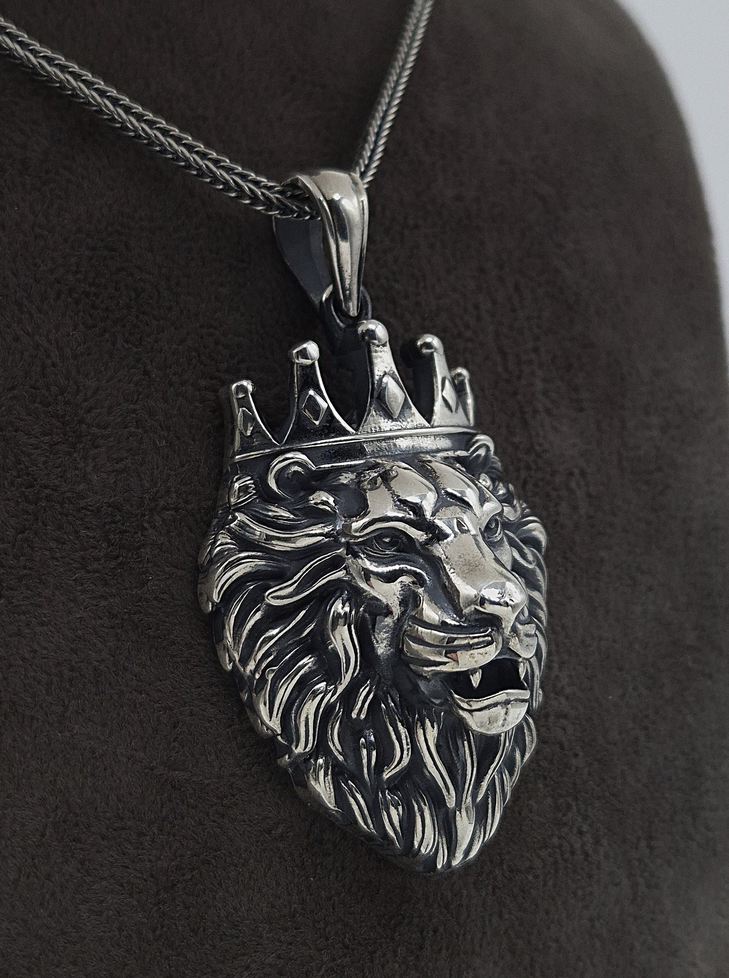 Silber Fuchsschwanzkette 925 Löwe mit Krone