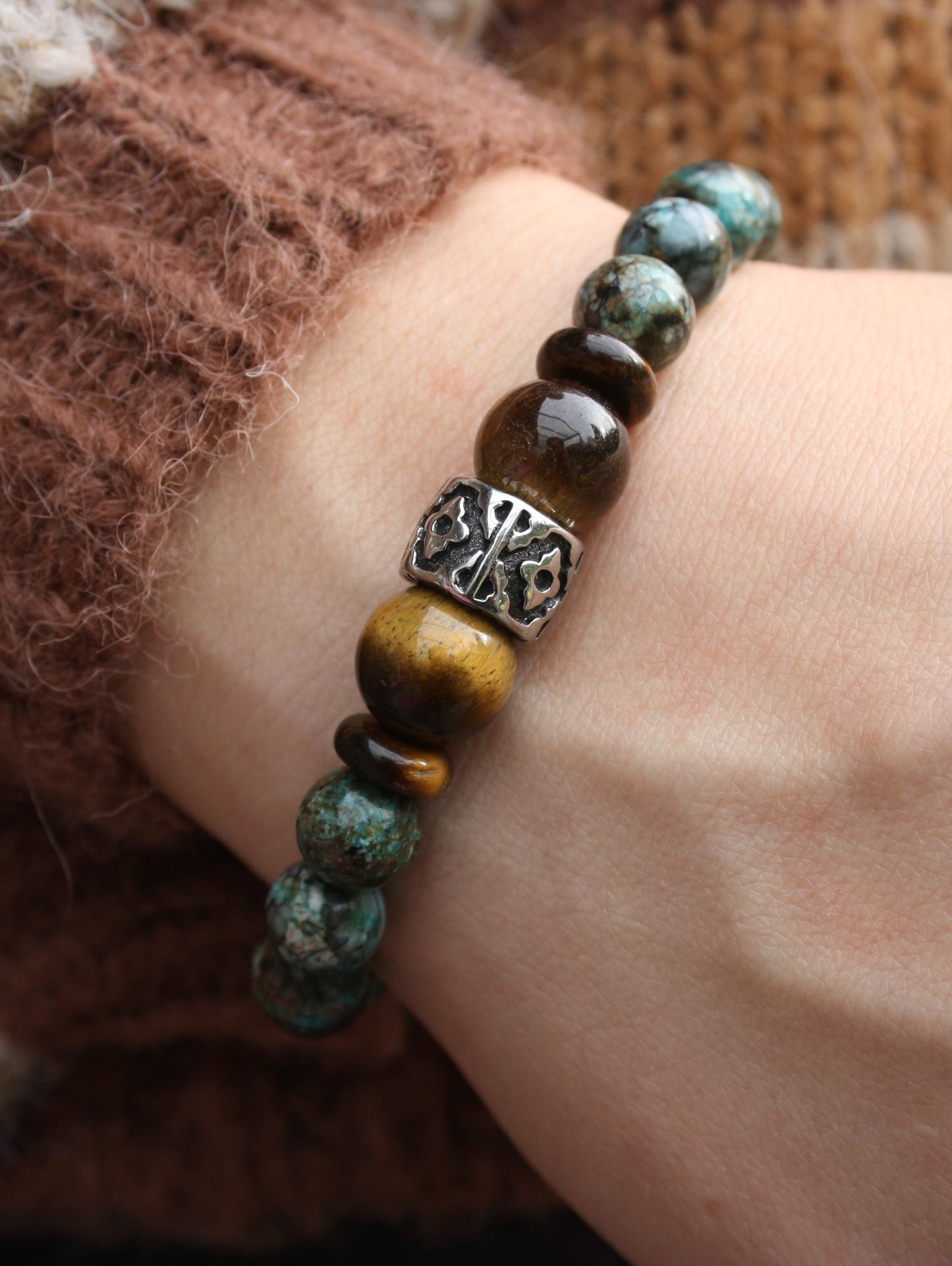 Nahle® 8mm Naturstein-Armband 10mm Tigerauge Orientalische Blume