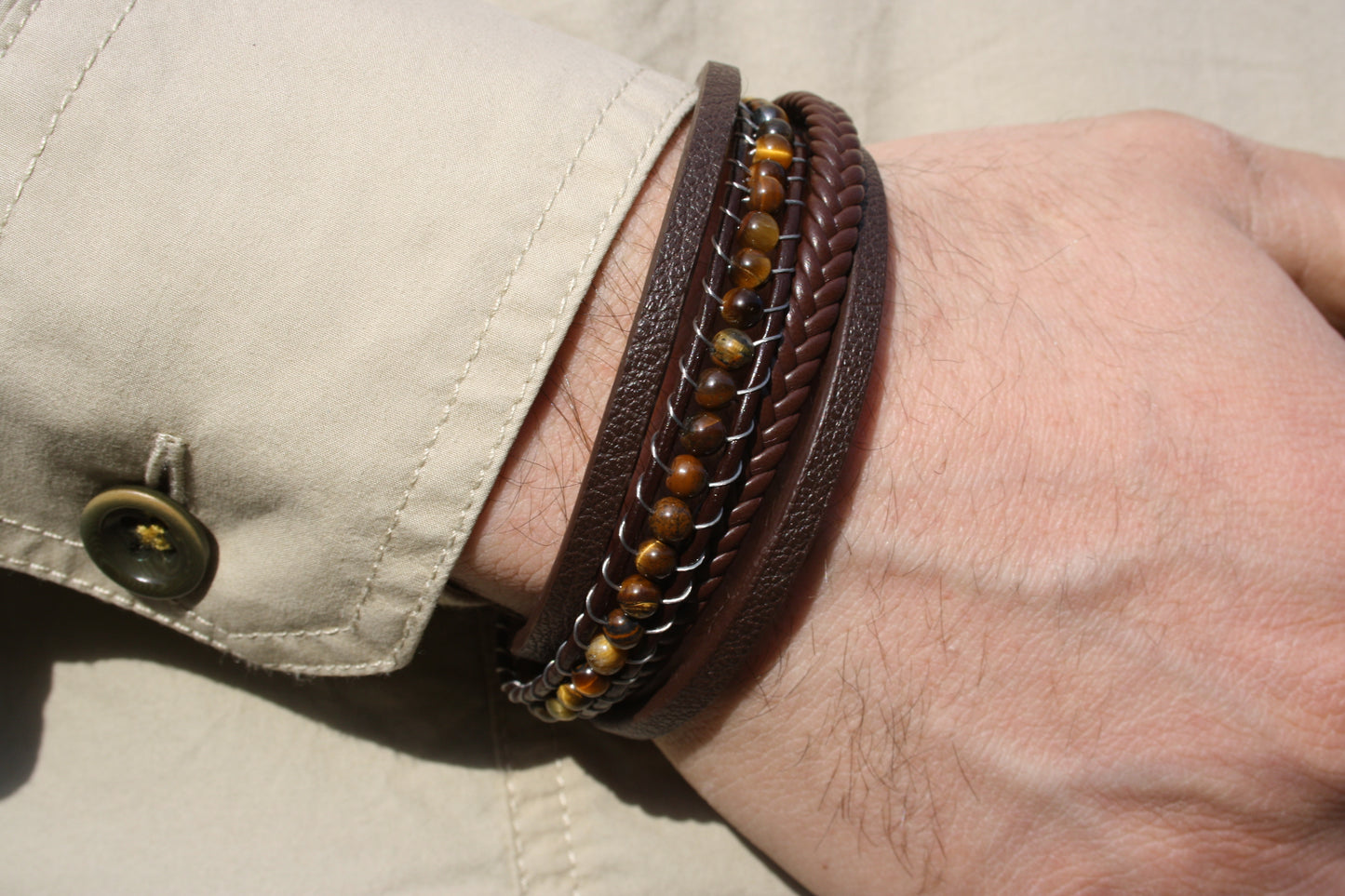 Lederarmband braun Tigerauge geflochten
