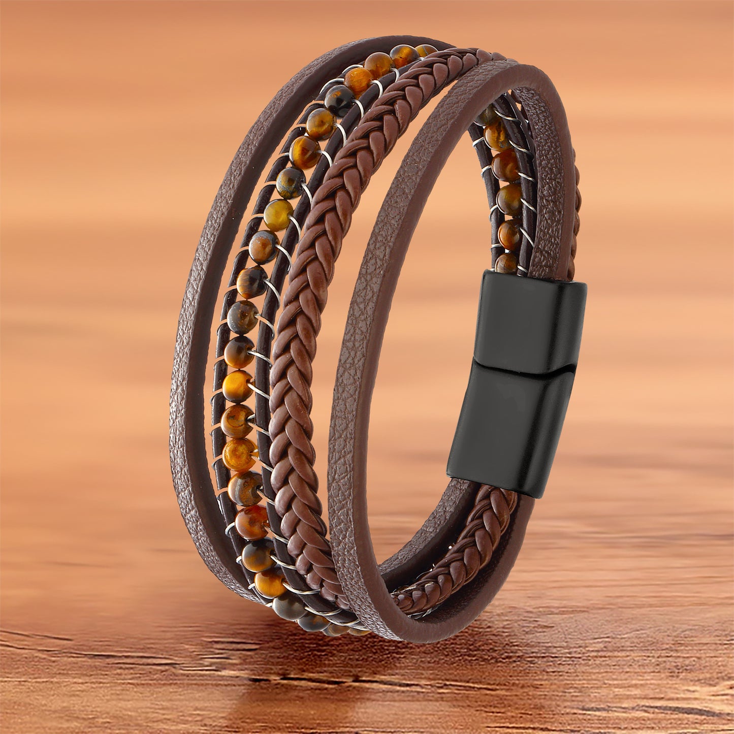Lederarmband braun Tigerauge geflochten