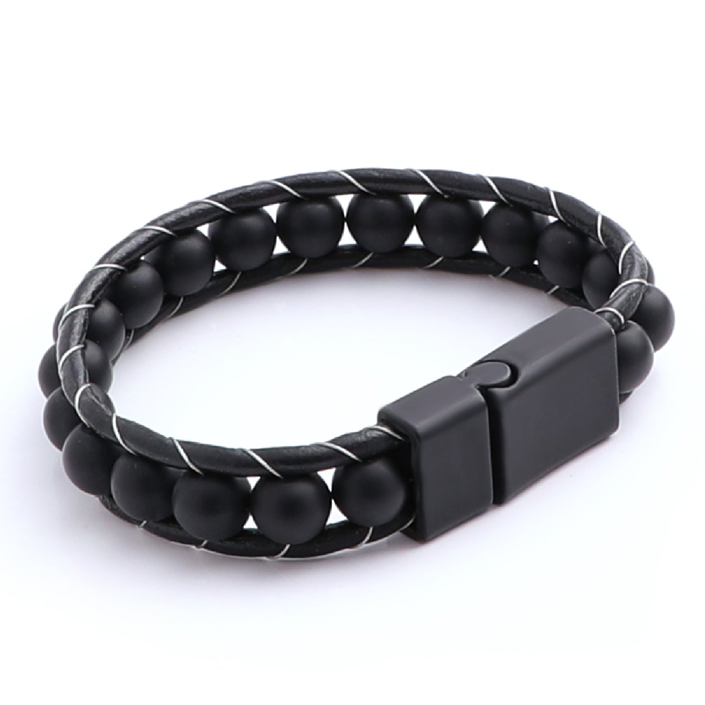 Lederarmband Onyx Kugeln