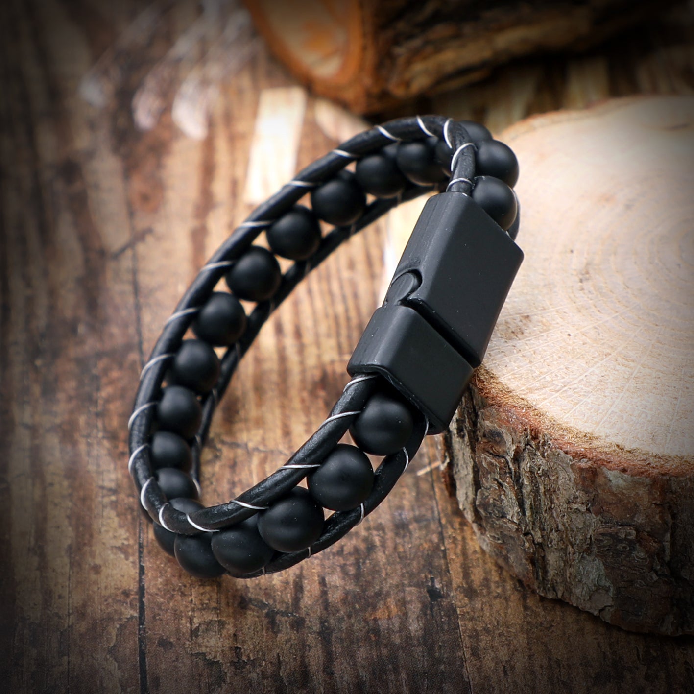 Lederarmband Onyx Kugeln