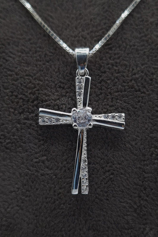 Silberhalskette Kreuz mit Zirkonia Steinen -rhodiniert