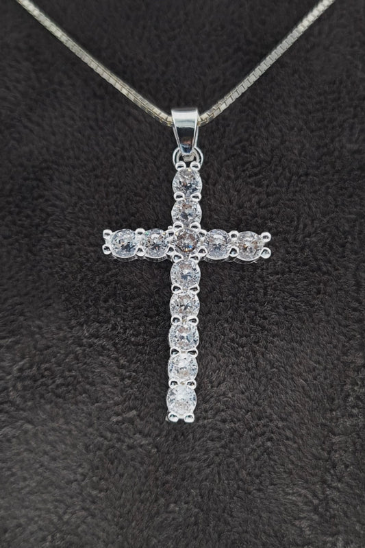 Silberhalskette Großes Kristallkreuz-rhodiniert