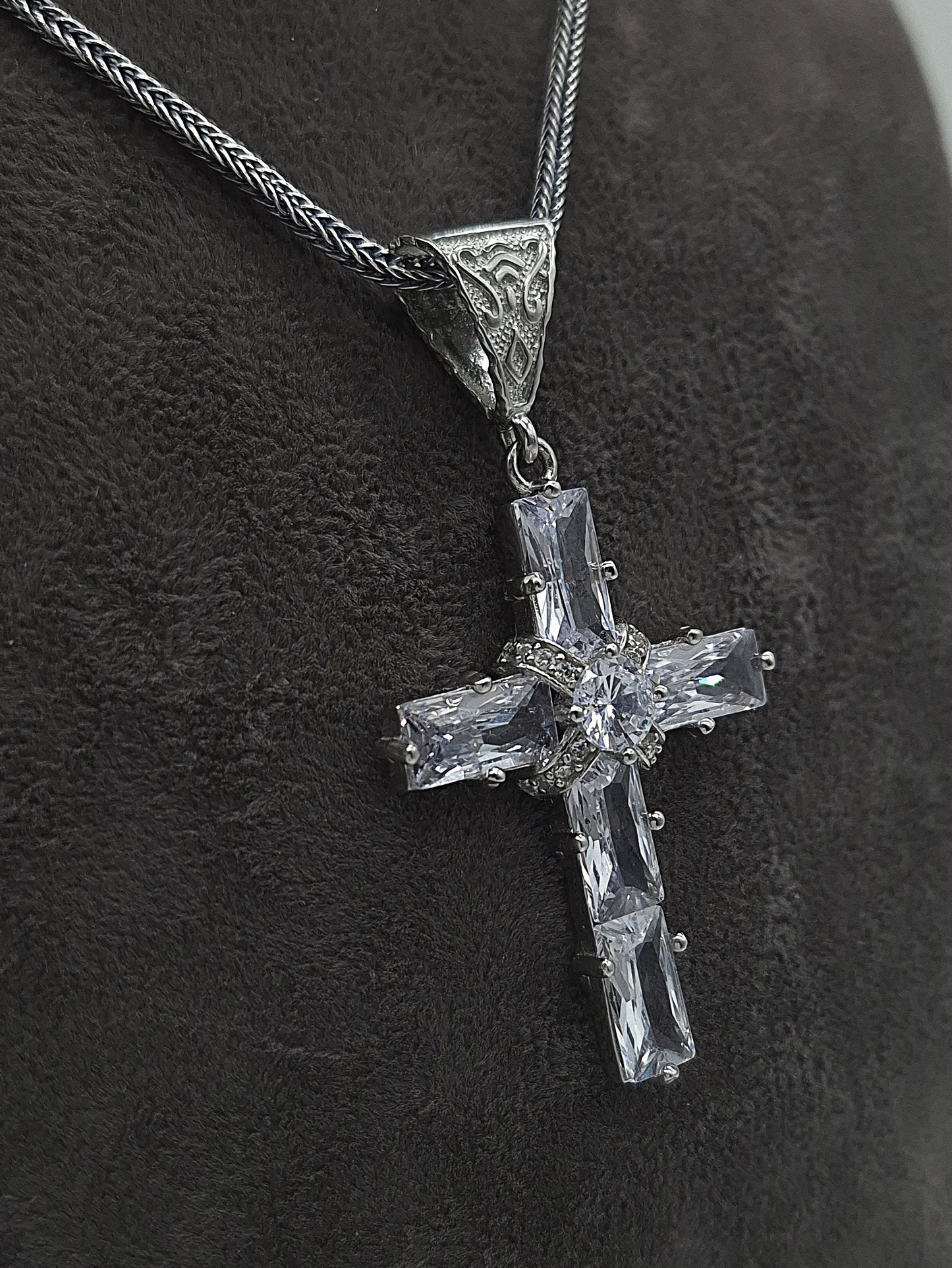 Silber Fuchsschwanzkette 925 Kristall Kreuz Anhänger