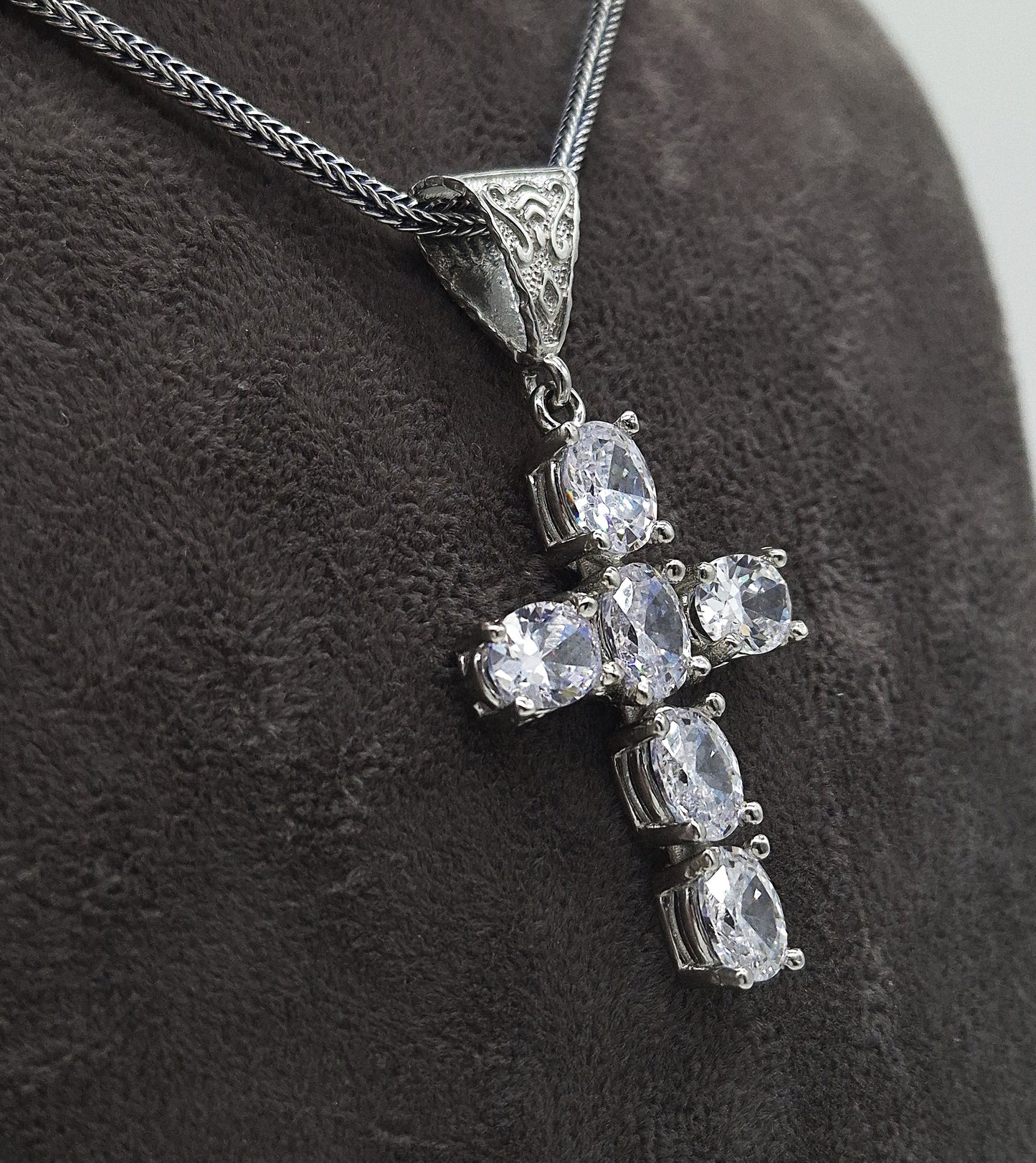 Silber Fuchsschwanzkette 925 Kristall Kreuz Anhänger