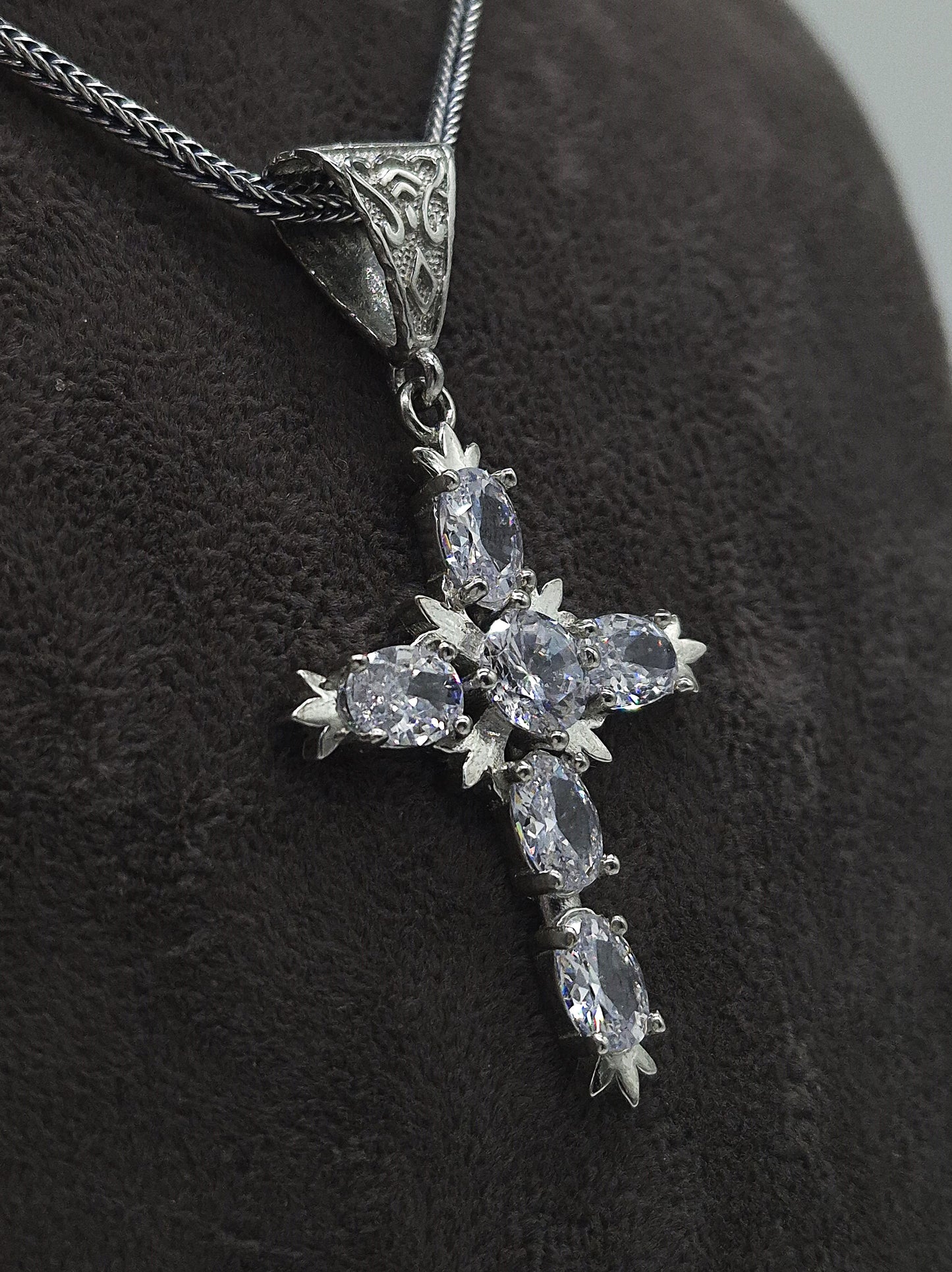 Silber Fuchsschwanzkette 925 Kristall Kreuz Anhänger