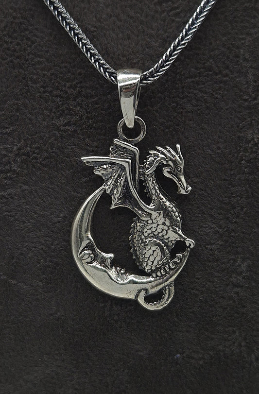 Silber Fuchsschwanzkette 925 Drache auf Mond Anhänger