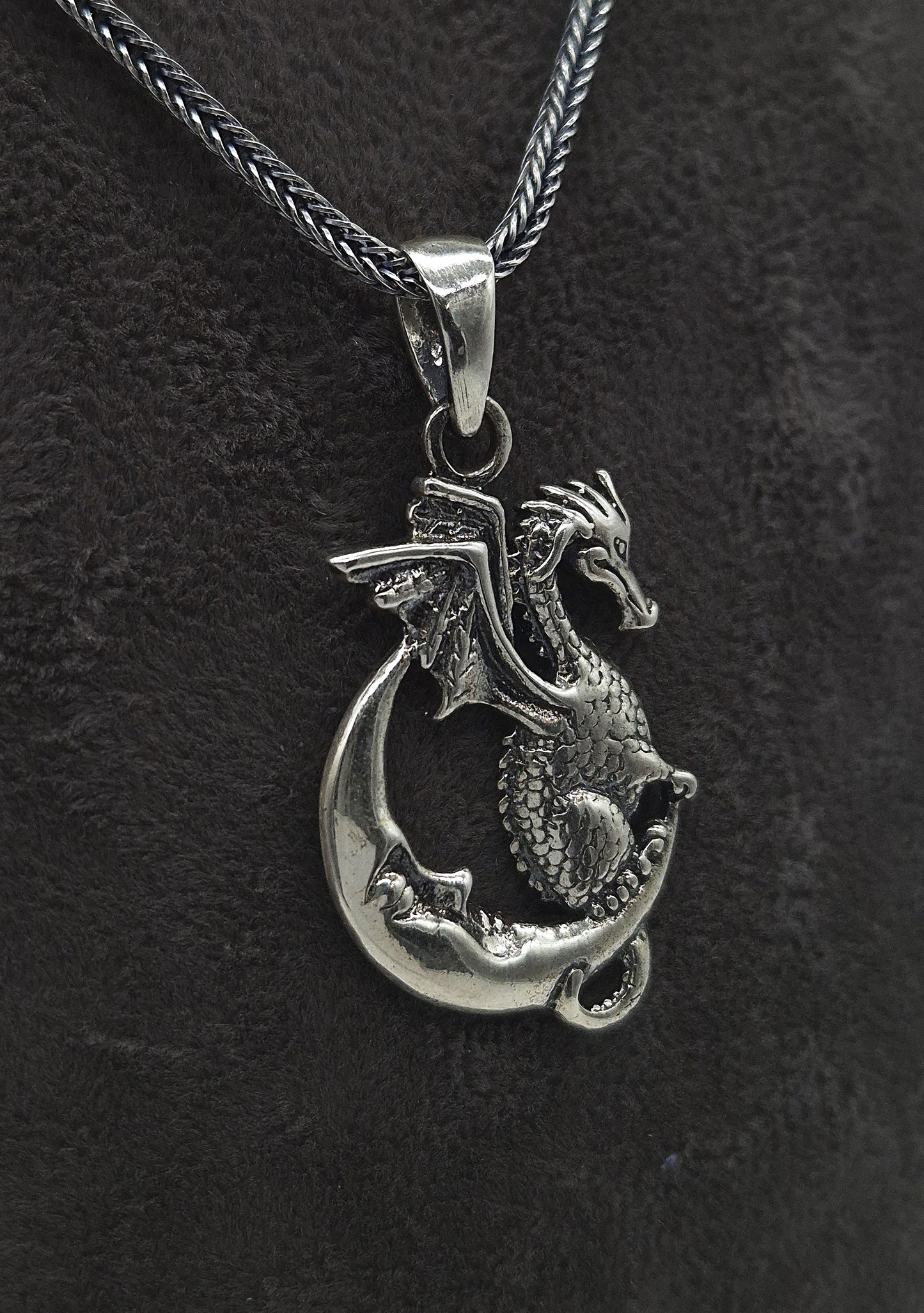 Silber Fuchsschwanzkette 925 Drache auf Mond Anhänger