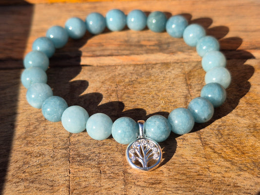 Nahle® 8mm Naturstein-Armband Aquamarin  925 Silber Lebensbaum