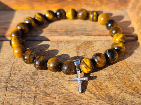 Nahle® 8mm Naturstein-Armband Tigerauge 925 Silber Kreuz
