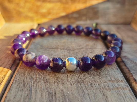 Nahle® 8mm Naturstein-Armband Amethyst mit 925 Silberperle