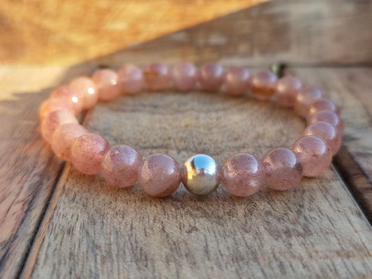 Nahle® 8mm Naturstein-Armband Erdbeerquarz mit 925 Silberperle